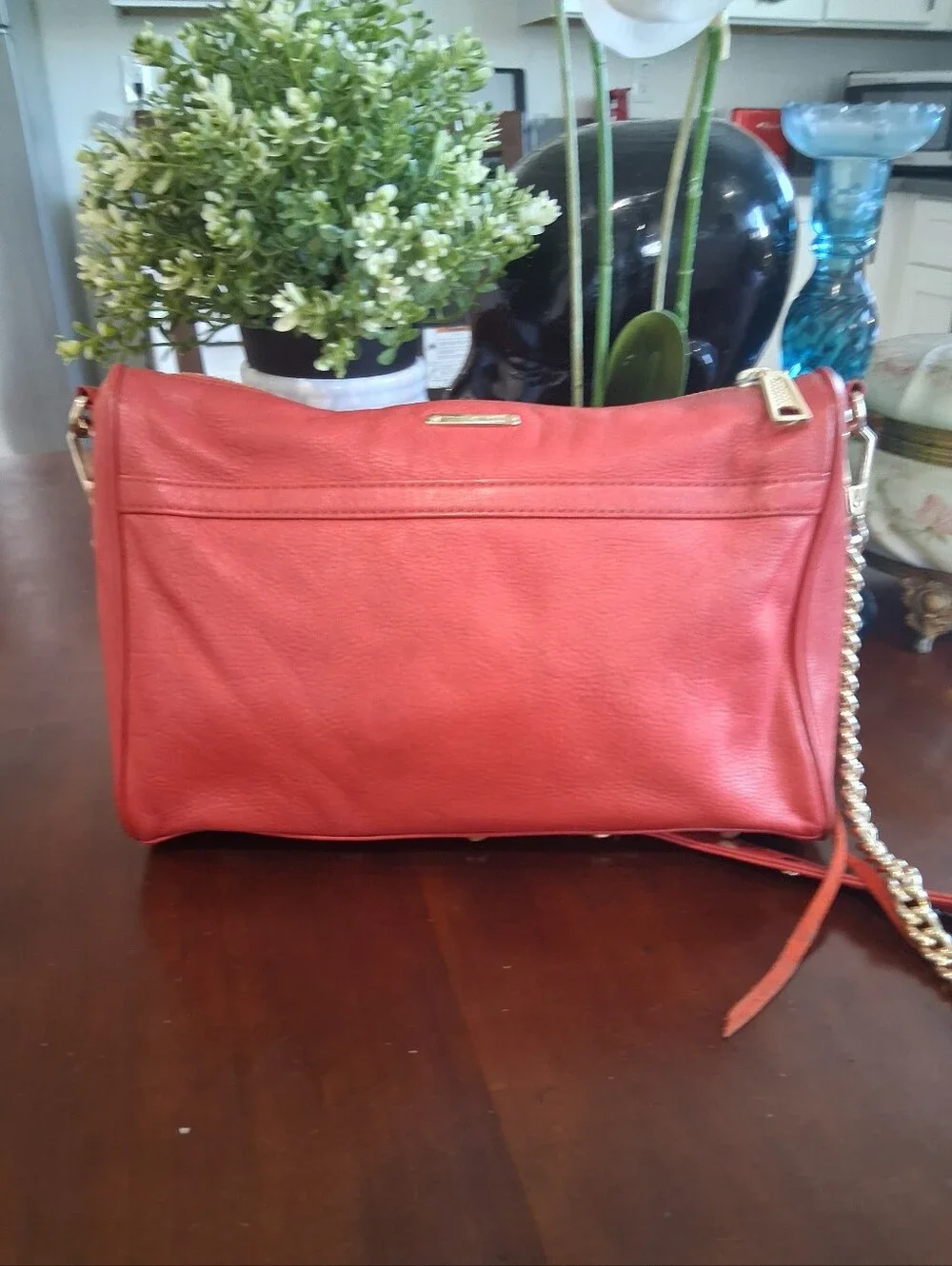 Rebecca Minkoff Coral-Red Leather Crossbody with Gold Chain